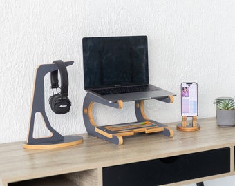 Desk Accessories Laptop Riser Wood Headphone Stand Phone Holder Office Set Work From Home Gift for Boss Office Storage Macbook Stand Wooden