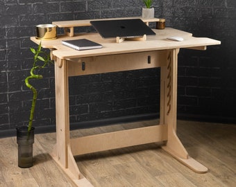 Standing Desk Natural Laptop Stand Wooden Office Desk Handmade Kneeling Chair Modern Desktop Shelf Monitor Gift For College Man Gift For Him