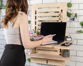 Wall Desk Workstation Standing Desk Personalized Gift Laptop Wooden Stand Adjustable Height Shelving Home Office Organization Floating Table