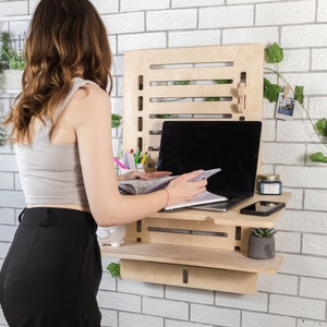 Wall Desk Workstation Standing Desk Personalized Gift Laptop Wooden Stand Adjustable Height Shelving Home Office Organization Floating Table image 1