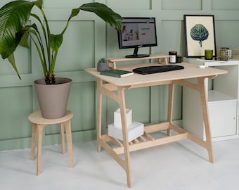 Computer Desk Wooden Plywood Furniture Home Office Desk with Flowerpot Stand Writing Table with Monitor Stand Office Gifts Home Workstation