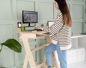 Wooden Office Desk Personalized Standing Desk Sit Stand Work from Home Desk Handmade Adjustable Computer Desk Custom Study Table Office Gift