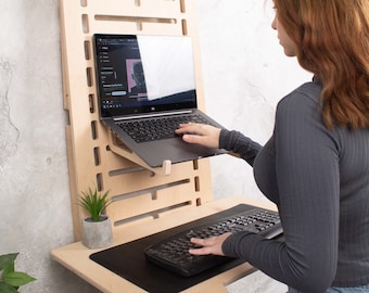 Computer Desk Wall Desk Wooden Standing Desk Wall Mounted Desk Custom Adjust Hidden Monitor Desk Work From Home Floating Desk Office Gift