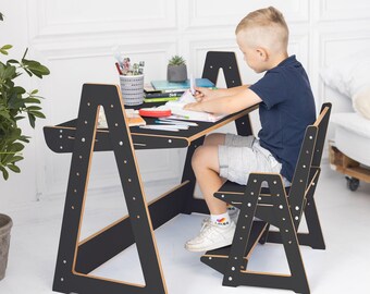Kids Desk and Chair Wooden Toddler Furniture Activity Table Folding Desk for Kids Custom Gift for Son Large Learning Table Personalized Gift