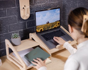 Desk Organizer Laptop Stand Wood Desk Setup Office Storage Table Organization Work From Home Gift for Student Macbook Stand Portable Custom