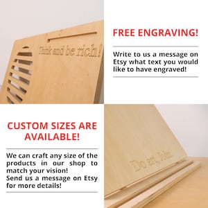 May include: A light-colored wooden book stand featuring a slatted design and laser-engraved text that reads Think and be rich! and Do art, John. The stand has a flat surface for holding books or tablets and a base with a grooved ledge for support.