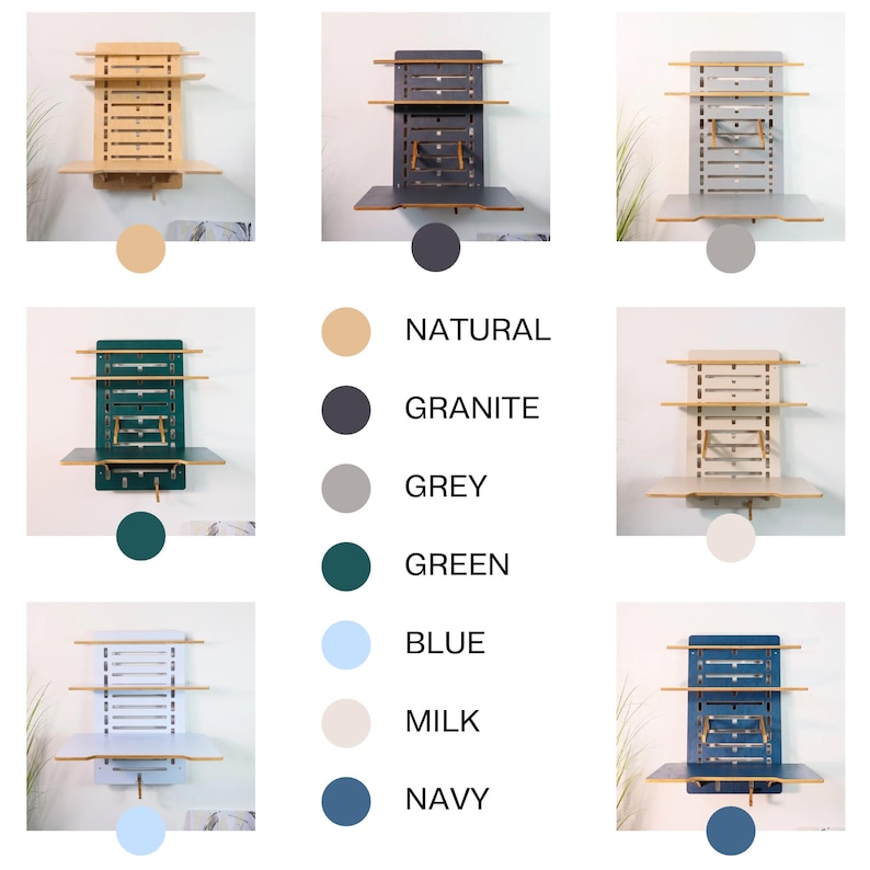 May include: A wall-mounted folding desk with shelves in various colors, including natural wood, granite, grey, green, blue, milk, and navy. The desk has a fold-down tabletop and two shelves for storage.