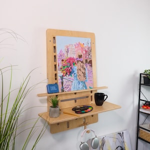 Escritorio de pared, estación de trabajo, estantería, organización de la oficina en casa, escritorio de pie, regalo personalizado, soporte de madera para computadora portátil, mesa flotante de altura ajustable