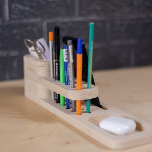Desk Organizer Wood Pen Holder with Phone Stand Custom Home Office Organizer School Supplies Desktop Storage Personalized Gift for Him image 9