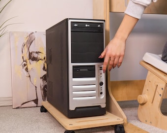 Wooden PC Stand with Wheels: Under Desk Computer Tower Shelf
