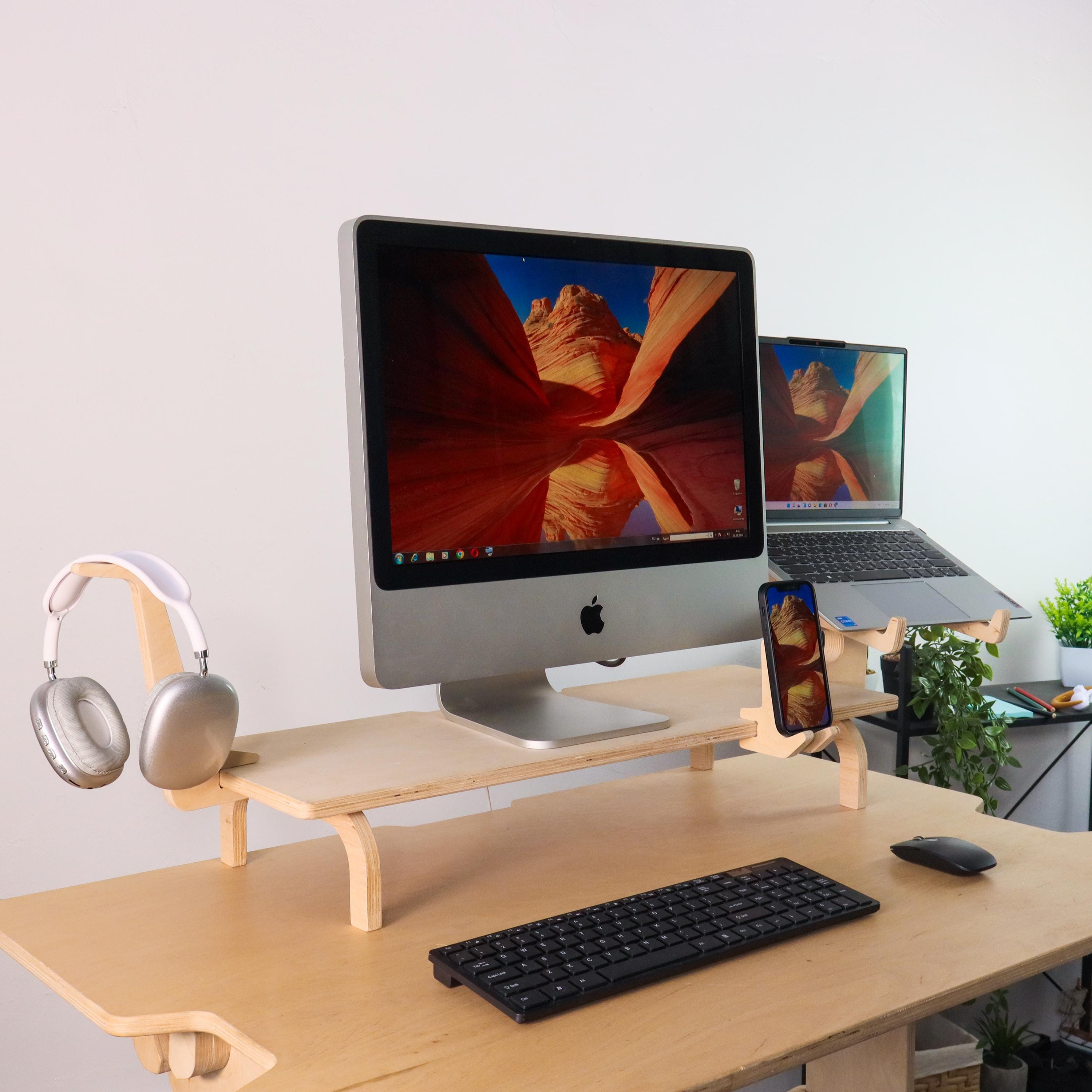 LAND·VOI Dual-Monitor-Ständer Aus Holz – Mit Smartphone-Halter, Verstellbarer Höhe & Schwenk, Schreibtisch-Organizer