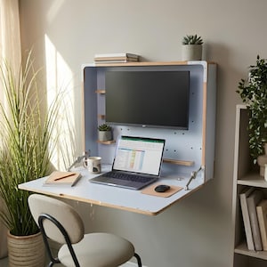 Scrivania pieghevole a parete: tavolo a scomparsa salvaspazio, mobile sospeso con piano ribaltabile per laptop.