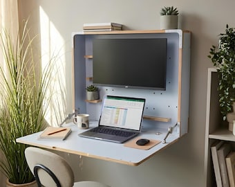 Wall Mounted Folding Desk: Space Saving Murphy Table, Floating Laptop Drop Down Furniture
