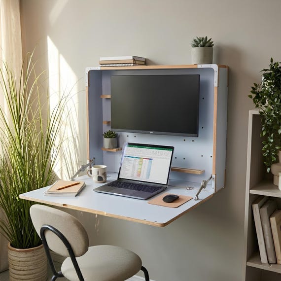 Wall Mounted Folding Desk: Space Saving Murphy Table, Floating Laptop Drop Down Furniture