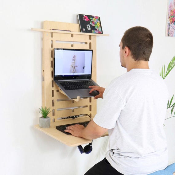 Office Furniture Wall Desk Wooden Floating Desk Adjustable Computer Table Wall Hanging Hideaway Desk Space Saving Standing Desk Office Gifts Etsy