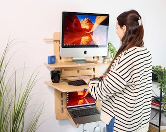 Floating Desk Wooden Wall Mount Table Gift for Coworker Sit Stand Desk Personalized Murphy Desk Adjust Height Hideaway Desk Office Furniture