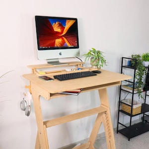 Adjustable Plywood Manual Desk: Minimalist Sit-Stand Workstation for Home Office or Studio