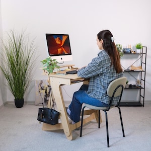 Adjustable Height Plywood Desk: Engraved Wooden Laptop Sit-Stand Desk
