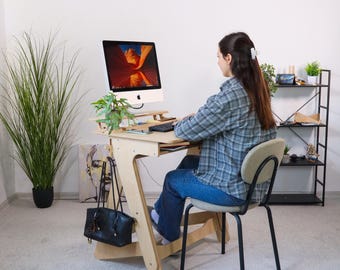 Adjustable Height Plywood Desk: Engraved Wooden Laptop Sit-Stand Desk