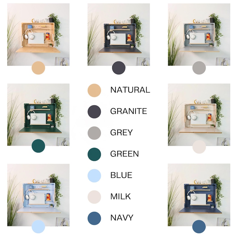 May include: A wall-mounted fold-down desk featuring a rectangular frame with internal shelving. The desk is shown in eight color variations: natural, granite, grey, green, blue, milk, and navy. Each unit includes a flat workspace and storage.