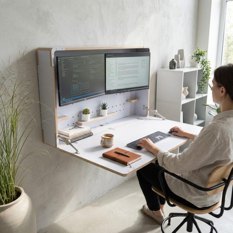 May include: A wall-mounted white desk with light wood edges featuring two computer monitors, a keyboard, a brown notebook, and a mug. The desk includes a pegboard back panel with small shelves holding two potted plants and a stack of books.