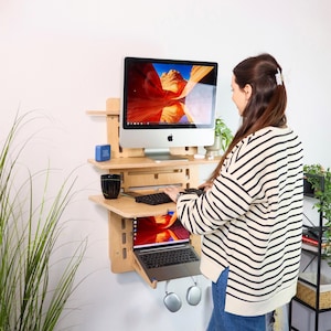 Floating Wall Desk: Adjustable Height Wooden Sit Stand Home Office Desk