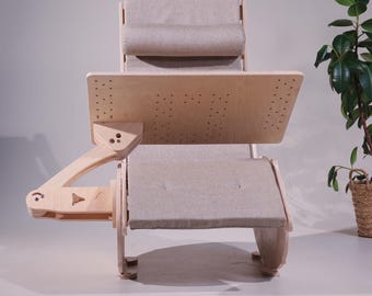 Verstelbare houten fauteuil: werkplek binnen/buiten