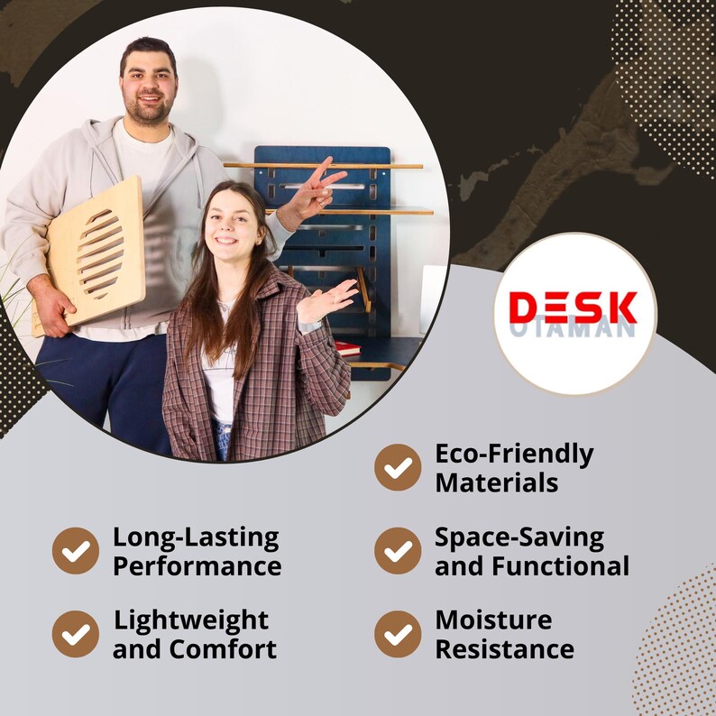 May include: A wooden laptop desk held by a person, with a blue wall-mounted desk in the background. The image includes the text "DESK OTAMAN" and bullet points highlighting features like eco-friendly materials and moisture resistance.