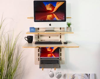 Wall Mounted Standing Desk: Floating Plywood Home Office Workstation