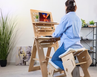 Escritorio ajustable con estantes – Estación de trabajo de madera para trabajar sentado o de pie, ideal para la oficina en casa y el trabajo creativo.