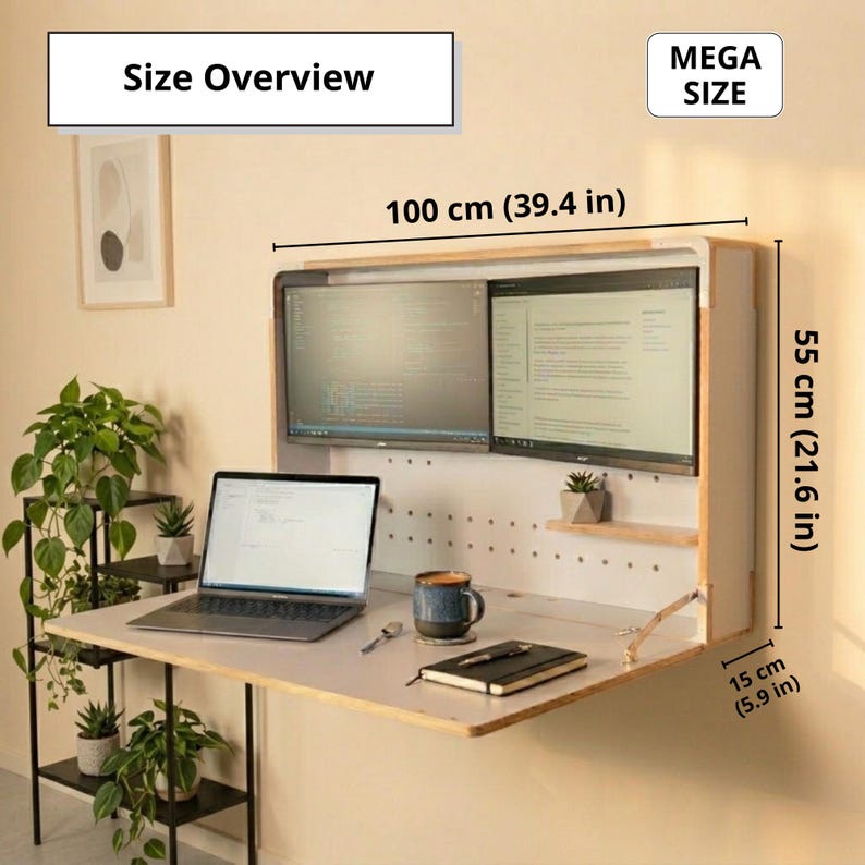 May include: A wall-mounted wooden desk with a fold-down surface, featuring two monitors, a laptop, and a small shelf. Text labels indicate dimensions of 39.4 inches wide, 21.6 inches high, and 5.9 inches deep. The unit includes a pegboard back panel.