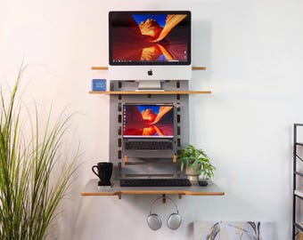 Wall Mounted Workstation Desk – Space Saving Vertical Desk with Shelves