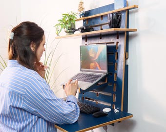 Plywood Wall Desk: Adjustable Floating Sit Stand Workstation for Home Office