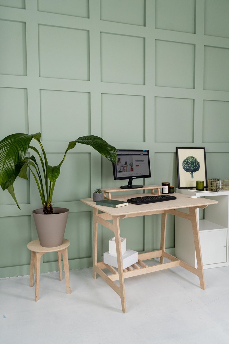Computer Desk Wooden Plywood Furniture Home Office Desk with Flowerpot Stand Writing Table with Monitor Stand Office Gifts Home Workstation image 1