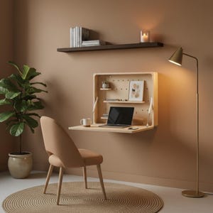 May include: A light wood wall-mounted desk with a laptop, mug, and decor. A tan chair sits on a round jute rug. A floor lamp and potted plant are also in the room. A dark brown shelf holds books.