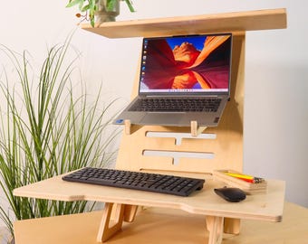 Plywood Standing Desk Converter: Adjustable Laptop Stand, Home Office Workstation