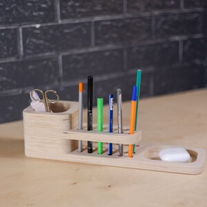 Desk Organizer Wood Pen Holder with Phone Stand Custom Home Office Organizer School Supplies Desktop Storage Personalized Gift for Him image 8