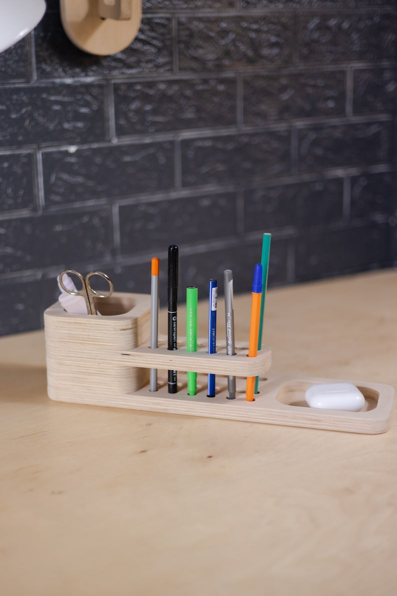 Desk Organizer Wood Pen Holder with Phone Stand Custom Home Office Organizer School Supplies Desktop Storage Personalized Gift for Him image 8