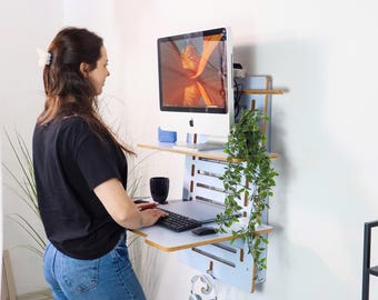 Wall Mounted Standing Desk: Plywood Floating Desk with Laptop Holder