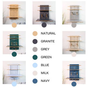 May include: A collection of wall-mounted folding desks in various colors: natural, granite, grey, green, blue, milk, and navy. Each desk features a fold-down work surface and multiple storage shelves. The image includes color swatches with corresponding names.