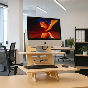 May include: A light-coloured wooden desk riser with two tiers, holding a computer monitor, keyboard, and mouse. The monitor displays a landscape image. The setup is in an office setting with other desks and chairs visible.
