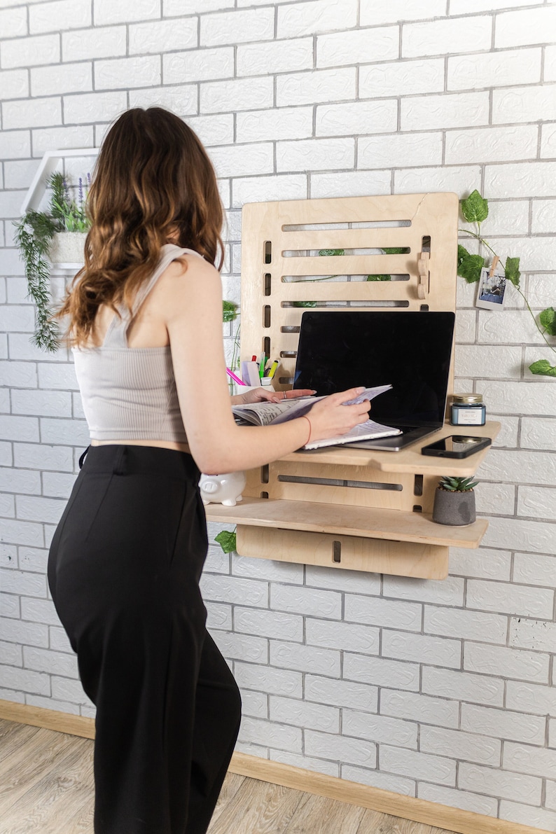 Wall Desk Workstation Standing Desk Personalized Gift Laptop Wooden Stand Adjustable Height Shelving Home Office Organization Floating Table image 1