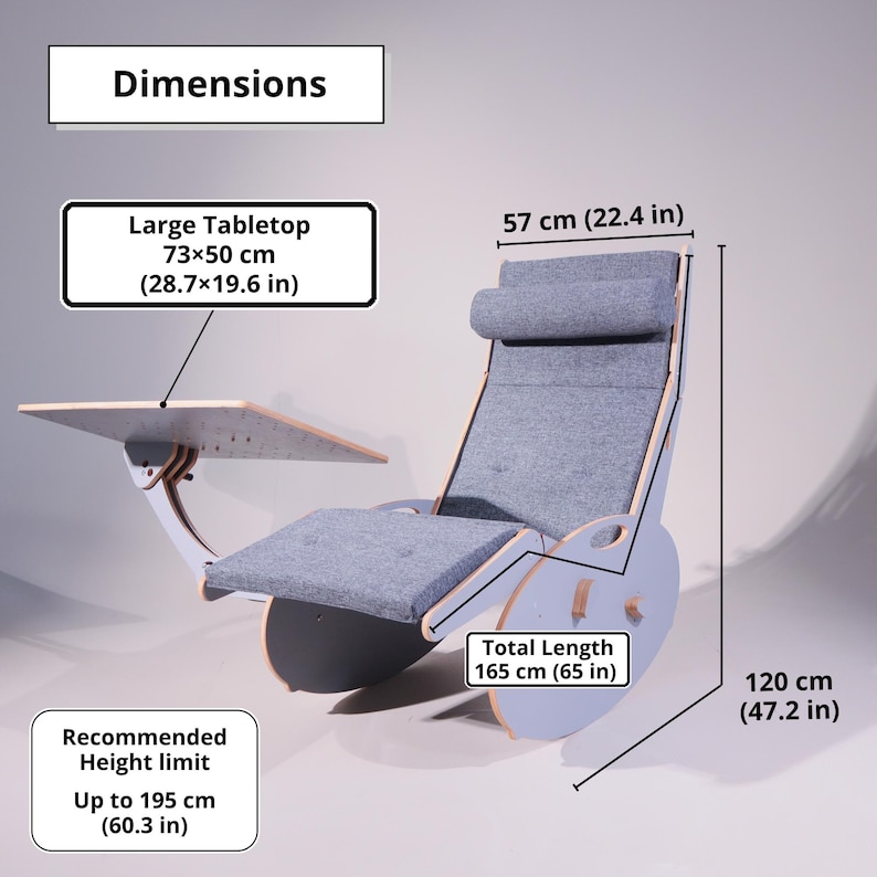 May include: A gray rocking chair with a wooden frame and a large tabletop. The chair's total length is 65 inches, and the tabletop measures 28.7 x 19.6 inches. The recommended height limit is up to 60.3 inches.
