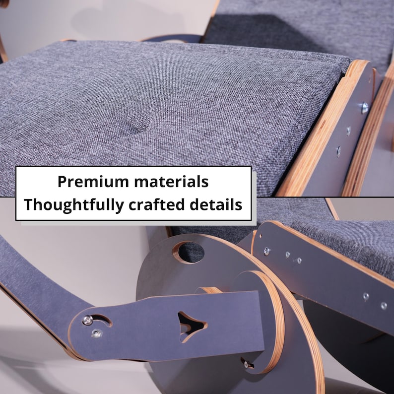 K&ouml;nnte beinhalten: Nahaufnahme eines grauen Schaukelstuhls mit Holzakzenten. Der Stuhl hat graue Stoffkissen und einen Holzrahmen. Der Text "Premium materials Thoughtfully crafted details" wird auf dem Bild angezeigt.