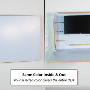 May include: A wall-mounted folding desk shown in two states: closed as a flat light blue panel and open with a light blue interior, a black monitor, and small wooden shelves. Text on the image reads: Same Color Inside & Out. Your selected color covers the entire desk.