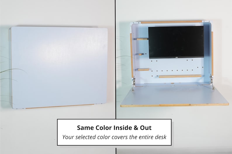 May include: A wall-mounted folding desk shown in two states: closed as a flat light blue panel and open with a light blue interior, a black monitor, and small wooden shelves. Text on the image reads: Same Color Inside & Out. Your selected color covers the entire desk.