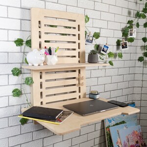 Wall Desk Workstation Standing Desk Personalized Gift Laptop Wooden Stand Adjustable Height Shelving Home Office Organization Floating Table Natural