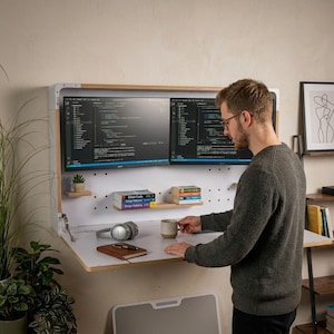 May include: A wall-mounted white and light wood fold-down desk featuring two computer monitors displaying code, a small potted succulent, two wooden shelves holding books, a pair of silver headphones, and a brown notebook on the work surface.