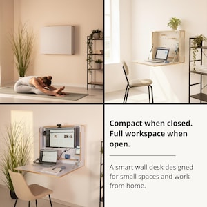 May include: A wall-mounted desk that folds into a flat cabinet when closed and opens into a workspace. It features a light wood finish, a pegboard back panel, and a drop-down surface. Text reads: Compact when closed. Full workspace when open.