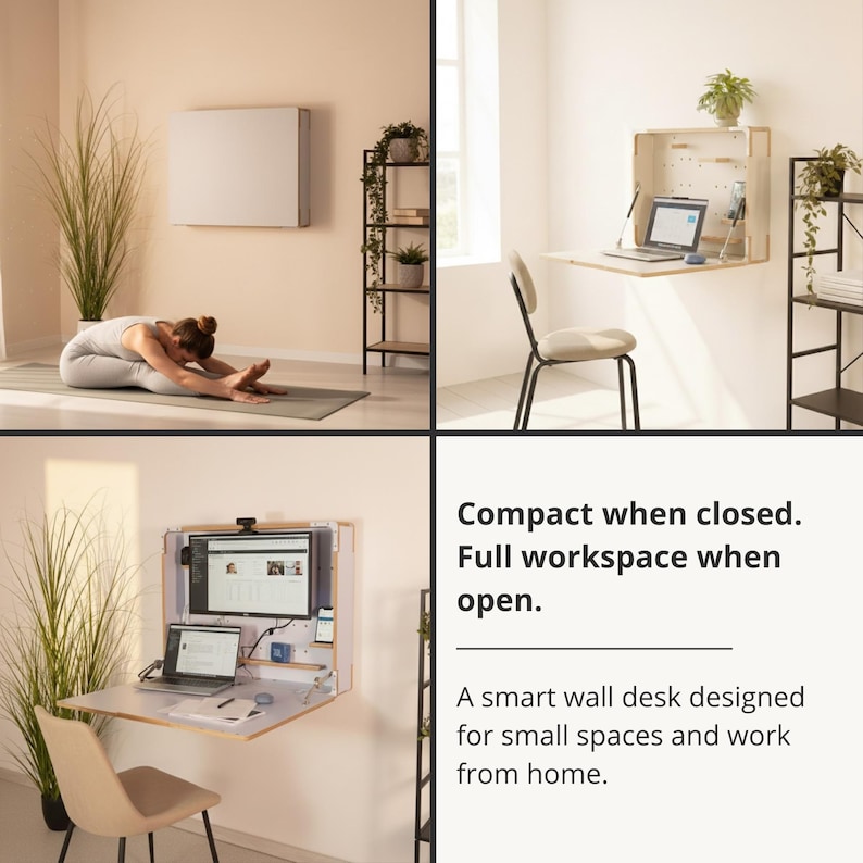 May include: A wall-mounted desk that folds into a flat cabinet when closed and opens into a workspace. It features a light wood finish, a pegboard back panel, and a drop-down surface. Text reads: Compact when closed. Full workspace when open.